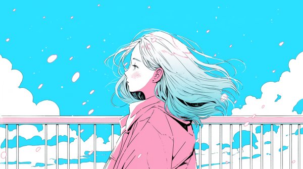 桜舞う空を見上げる若い女性のポートレートイラスト no.4