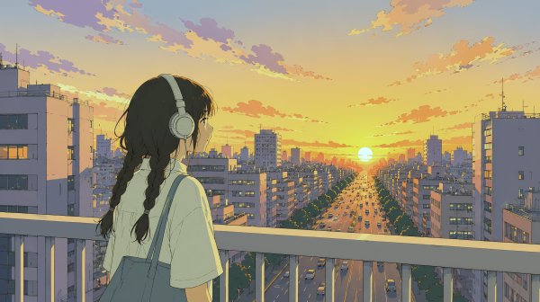 都会の歩道橋から夕日を眺めるヘッドホンをした女性 no.1