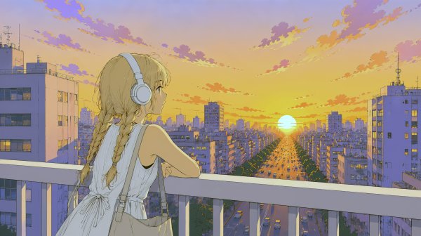 都会の歩道橋から夕日を眺めるヘッドホンをした女性 no.2