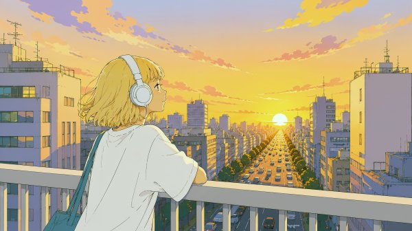 都会の歩道橋から夕日を眺めるヘッドホンをした女性 no.3
