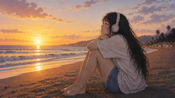 夕日の見える砂浜でオレンジの海を眺めるヘッドホンの女性 no.1