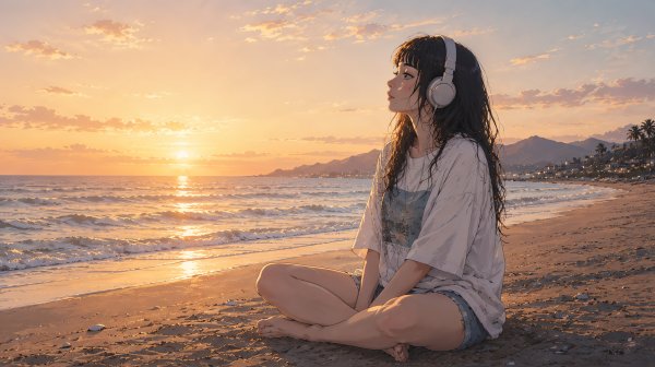 夕日の見える砂浜でオレンジの海を眺めるヘッドホンの女性 no.2