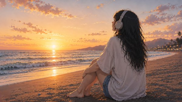夕日の見える砂浜でオレンジの海を眺めるヘッドホンの女性 no.3
