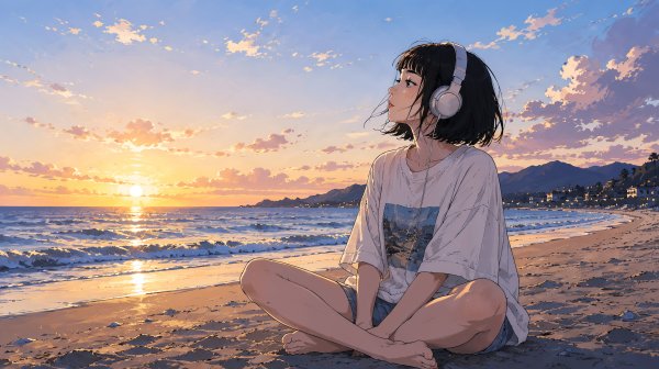 夕日の見える砂浜でオレンジの海を眺めるヘッドホンの女性 no.4