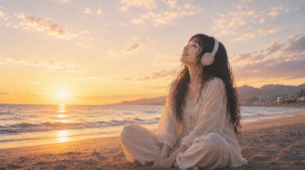 夕日の見える砂浜でオレンジの海を眺めるヘッドホンの女性フォト no.3