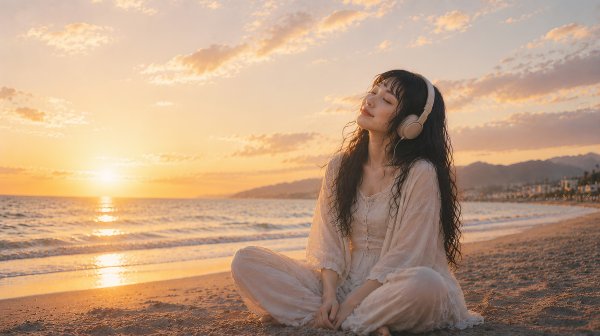 夕日の見える砂浜でオレンジの海を眺めるヘッドホンの女性フォト no.4