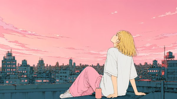 都会の見える屋上に座り夕焼けの空を見上げる女性 no.1