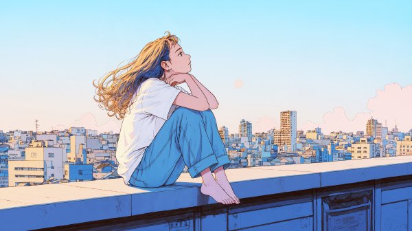都会の見える屋上に座り夕焼けの空を見上げる女性 no.2