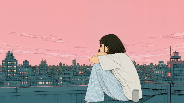 都会の見える屋上に座り夕焼けの空を見上げる女性 no.3
