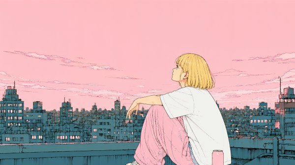 都会の見える屋上に座り夕焼けの空を見上げる女性 no.4