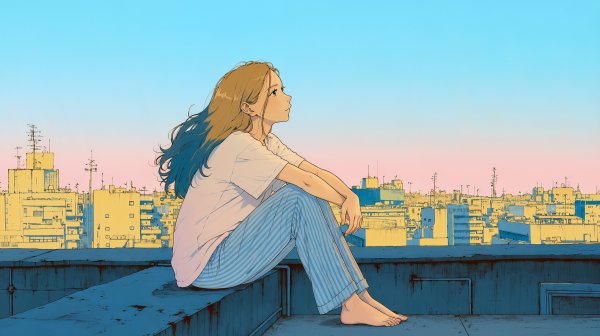 都会の見える屋上に座り夕焼けの空を見上げる女性 no.5