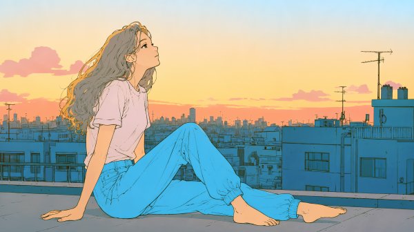 都会の見える屋上に座り夕焼けの空を見上げる女性 no.6
