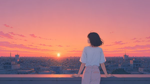 都会の見える屋上に座り夕焼けの空を見上げる女性 no.7