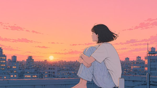 都会の見える屋上に座り夕焼けの空を見上げる女性 no.8