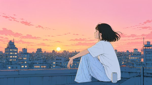 都会の見える屋上に座り夕焼けの空を見上げる女性 no.9