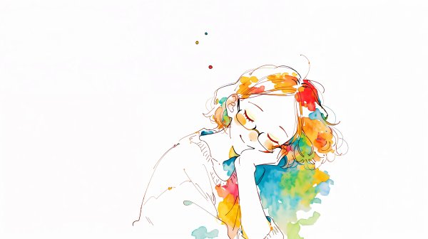 目を閉じてリラックスをしている女性のカラフルな水彩イラスト no.1