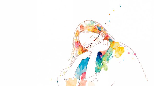 目を閉じてリラックスをしている女性のカラフルな水彩イラスト no.2