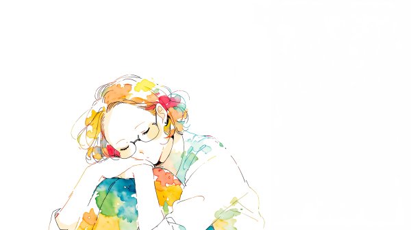 目を閉じてリラックスをしている女性のカラフルな水彩イラスト no.3