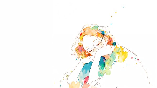 目を閉じてリラックスをしている女性のカラフルな水彩イラスト no.4