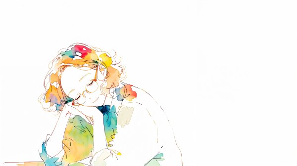 目を閉じてリラックスをしている女性のカラフルな水彩イラスト no.5