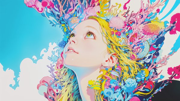 花と水の抽象的モチーフに包まれた空を見上げる女性 no.4