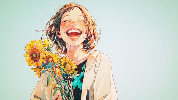向日葵を持ってカメラ目線で笑う女性のポートレートイラスト no.1