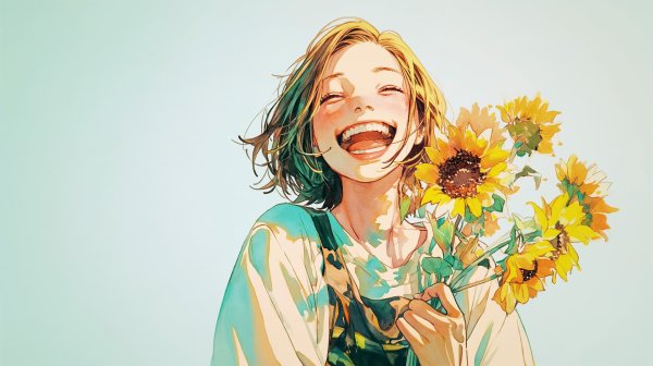 向日葵を持ってカメラ目線で笑う女性のポートレートイラスト no.2