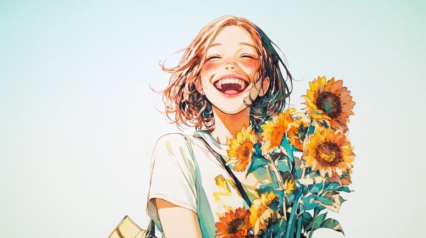 向日葵を持ってカメラ目線で笑う女性のポートレートイラスト no.4