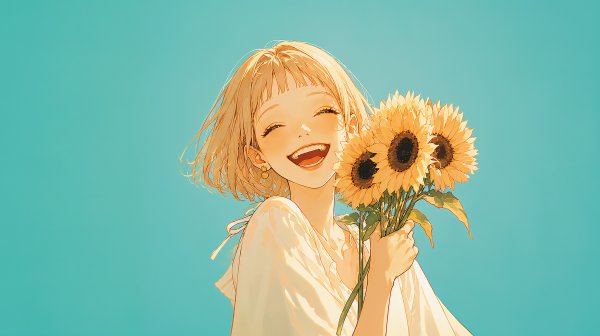 向日葵を持ってカメラ目線で笑う女性のポートレートイラスト no.5