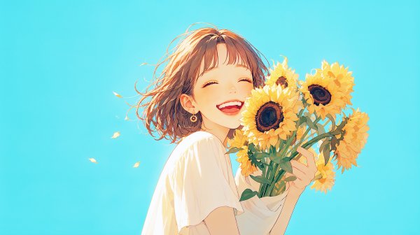 向日葵を持ってカメラ目線で笑う女性のポートレートイラスト no.6