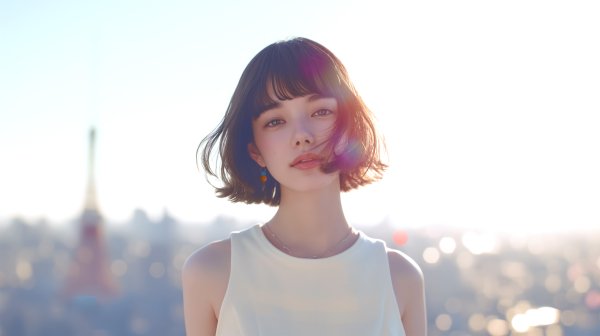 夕暮れの都市を背景に佇むボブヘアの若い女性ポートレート no.2