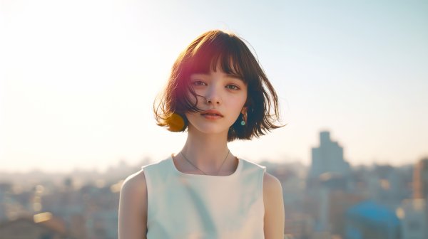 夕暮れの都市を背景に佇むボブヘアの若い女性ポートレート no.4