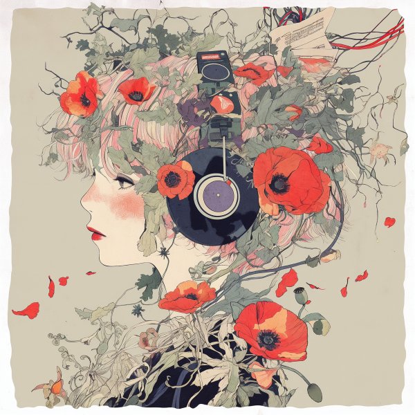 花と音楽に包まれた女性のコラージュ風イラスト no.1