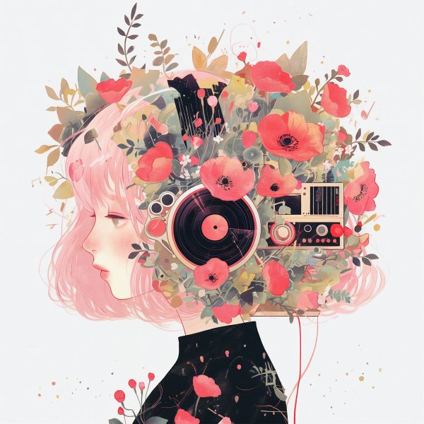 花と音楽に包まれた女性のコラージュ風イラスト no.3