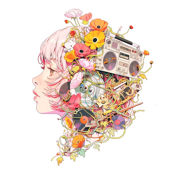 花と音楽に包まれた女性のコラージュ風イラスト no.5