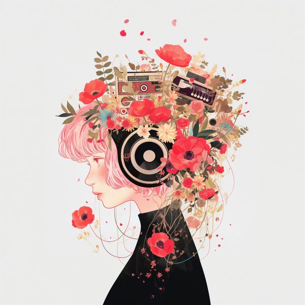 花と音楽に包まれた女性のコラージュ風イラスト no.6