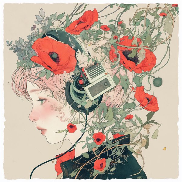 花と音楽に包まれた女性のコラージュ風イラスト no.7