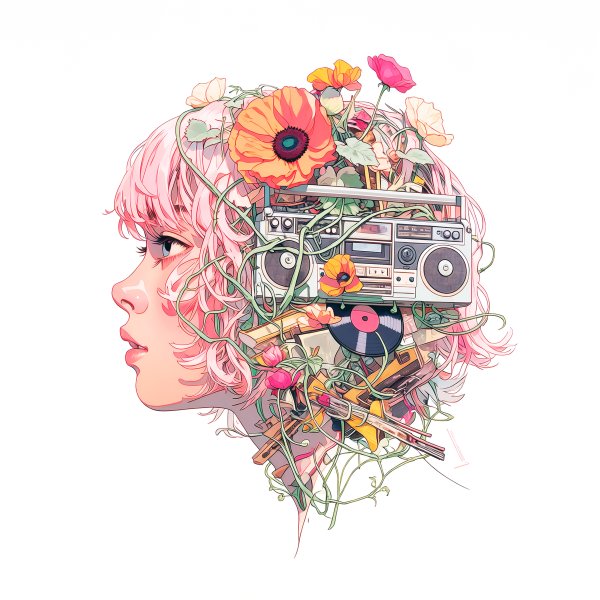 花と音楽に包まれた女性のコラージュ風イラスト no.8