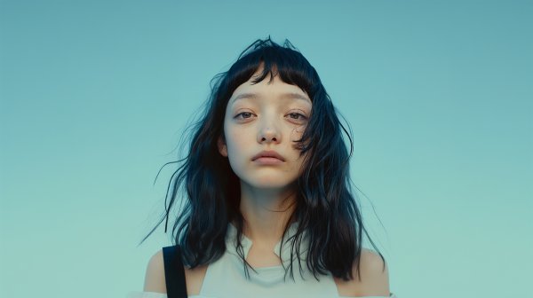 青い空と透明感のあるモデル系女性のポートレート no.1