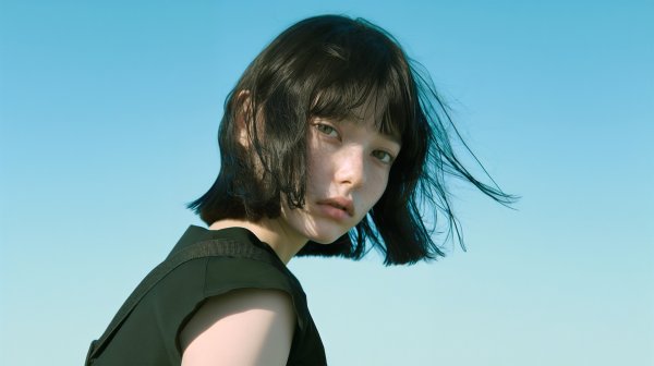 青い空と透明感のあるモデル系女性のポートレート no.4