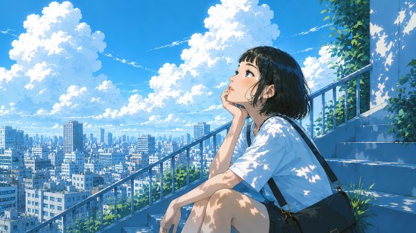 階段に座り夏の空を見上げる女性と都会の風景 no.1