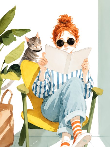 椅子に座り猫と読書しているおしゃれな女性の水彩イラスト no.1