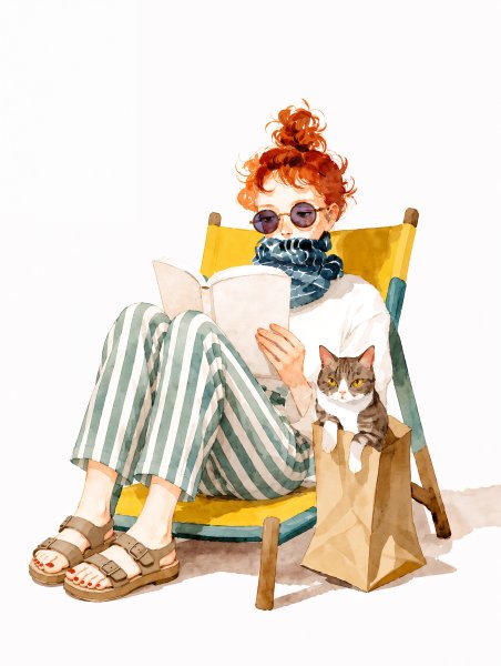 椅子に座り猫と読書しているおしゃれな女性の水彩イラスト no.2