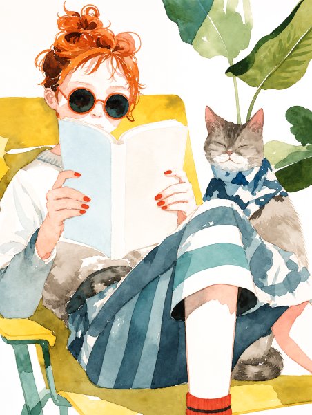 椅子に座り猫と読書しているおしゃれな女性の水彩イラスト no.3