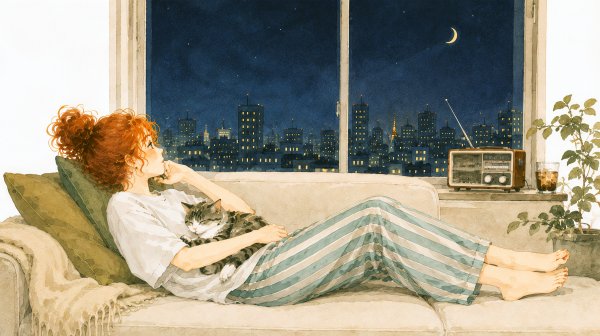 窓から都会の夜景を眺めながらソファーで猫とラジオを聴く女性 no.1