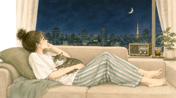 窓から都会の夜景を眺めながらソファーで猫とラジオを聴く女性 no.2