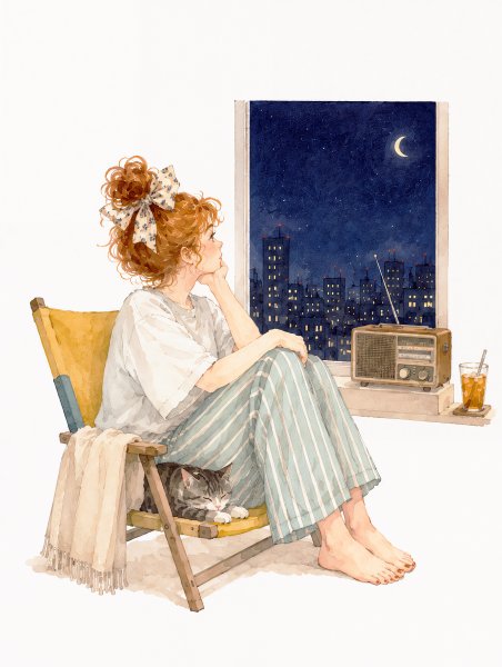 窓から都会の夜景を眺めながら椅子に座り猫とラジオを聴く女性 no.3