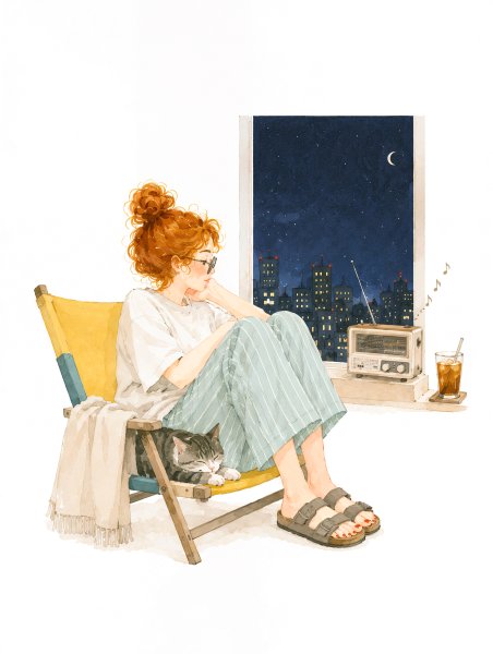 窓から都会の夜景を眺めながら椅子に座り猫とラジオを聴く女性 no.4