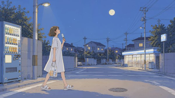 夜のコンビニとアイスを食べながら歩く女性 no.1