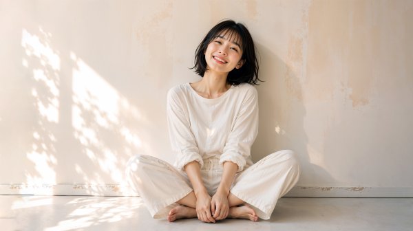白い壁の前に座り自然に笑う健康的な女性 no.2